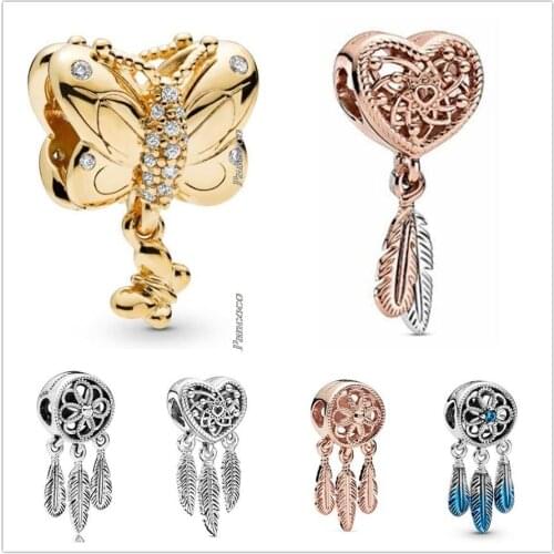 Authentic 925 Sterling Silver Flower Blue Feather Spiritual Dream Catcher Pendant Beads Fit Pandora Bracelet & Necklace Jewelry