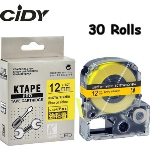 CIDY 30Pcs SC12YW/LC4YBW9 LC-4YBW Compatible For Epson/KingJim LW-300 LW-400 Black on Yellow 12mm adhesive SS12KW label tapes