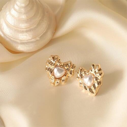DoreenBeads Sweet Heart Stud Earrings For Women Jewelry Heart Imitation Pearls Party Club Gold Color Metal Earrings Statement