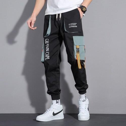2021 Joggers Cargo Pants for Men Casual Hip Hop Hit Color Pocket Male Trousers Sweatpants Streetwear Ribbons Techwear Pants