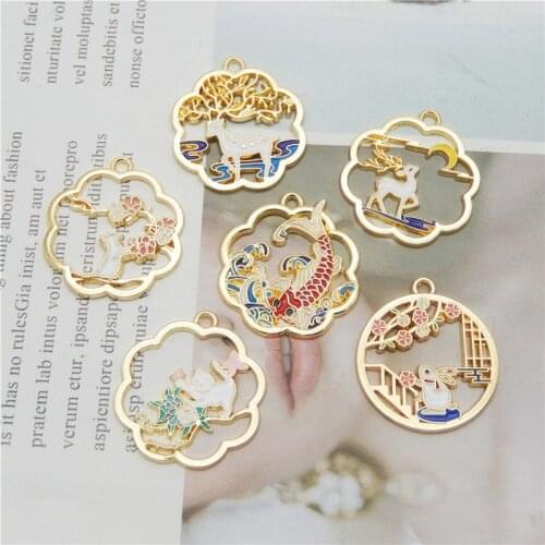 Julie Wang 4/6PCS Enamel Animal Charms Alloy Hollow Round Cat Deer Koi Rabbit Flower Pendant Bracelet Jewelry Making Accessory