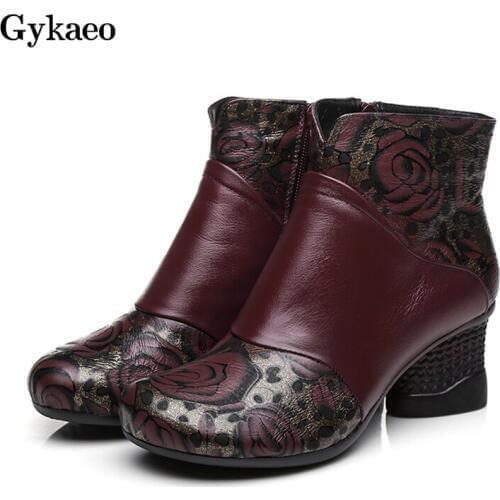 Gykaeo Female Leopard Printing Cotton Shoes Women National Genuine Leather Boots Mother Anti-skid Embroidered Winter Warm Boots