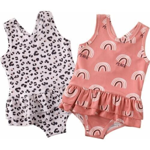 2020 Summer Swimsuit Toddler Baby Girls Leopard Rainbow Print Swimsuit Kid Swimwear Swimming One-piece Bikini