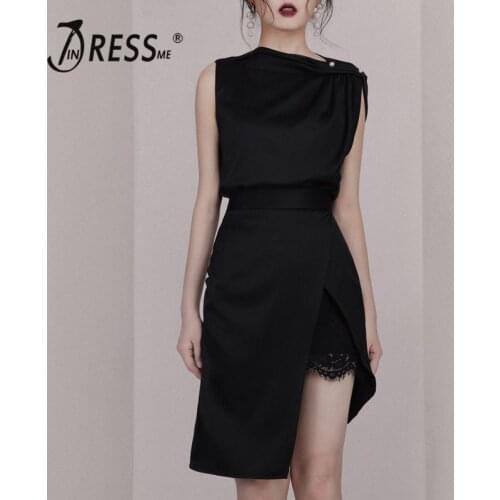 INDRESSME 2019 New Sexy Asymmetrical Neckline Ruched Slit Sleeveless Wrapped Mini Dress