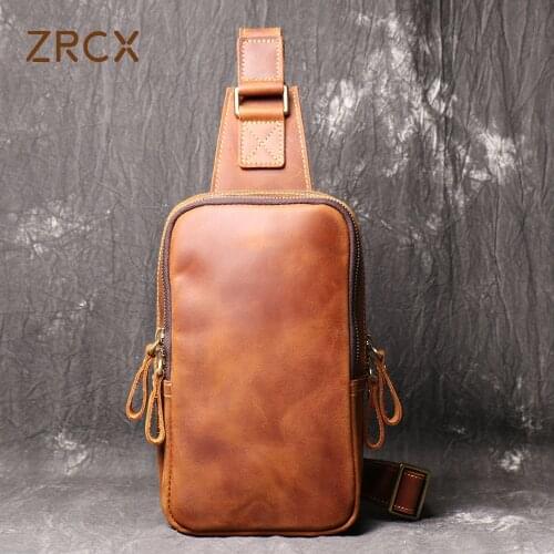 ZRCX Genuine Leather Mens Chest Bag Top Layer Cowhide Retro Messenger Bag Casual Sports Shoulder Bag Personalized Handmade Bag