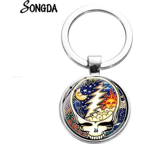 Punk Moon Sun Pattern Skull Keychain Pop Grateful Dead Rock Band Symbol Glass Crystal Key Ring Chaveiro for Music Lovers Jewelry