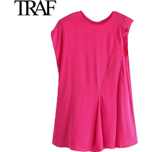 Traf Za Sleeveless Dress Female Summer Red Round Neck A-line Miniskirt High Fashion Satin Party Evening Dress Vestidos Mujer
