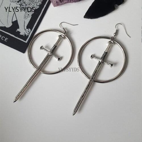 Silver Colour Goth Sword Hoop Earrings Classic Eardrop Big Statement Witchy Warrior Pagan Jewellery Women Men Gift Mystical