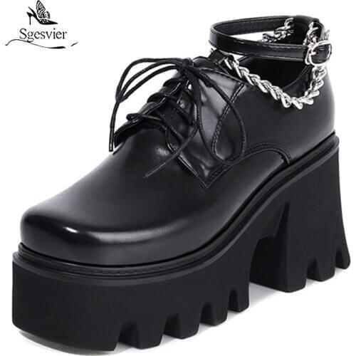 Sgesvier High Heels Gladiator Shoes Women Pumps Chain Lace Up Fashion Square Toe Punk Casual Shoes Women Platform Shoes Black