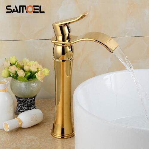 New Arrival Luxury Golden Waterfall Bathroom Faucet Mixer Single Handle Gold Basin Sink Faucet Tap G1065