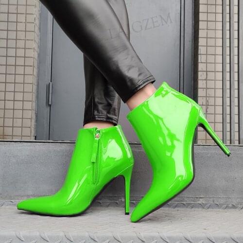 BERZIMER Women Ankle Boots Shiny Pointed Toe Stiletto Heels Booties Botas Slim Heels Casual Lady Shoes Woman Large Size 44 46 47