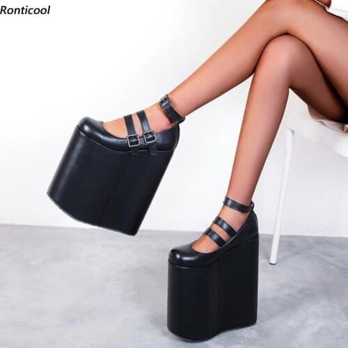 Ronticool New Fashion Women Pumps Buckle Strap 23 Cm Wedges High Heels Round Toe Black Night Club Shoes Women US Plus Size 5-14