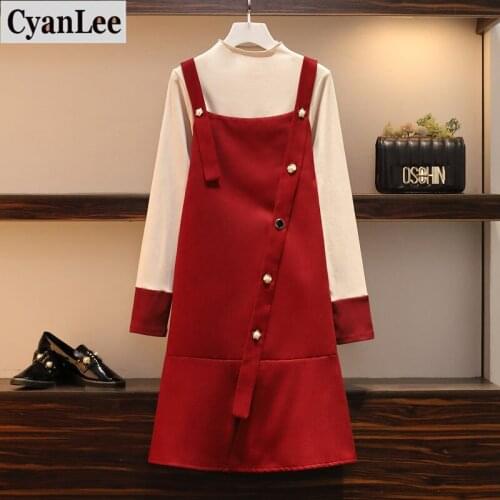 Plus Size Women Sweet 2 Piece Set Autumn 2020 Fashion Turtleneck Long Sleeve Tops And Red Ruffle Strap Dresses L-4XL