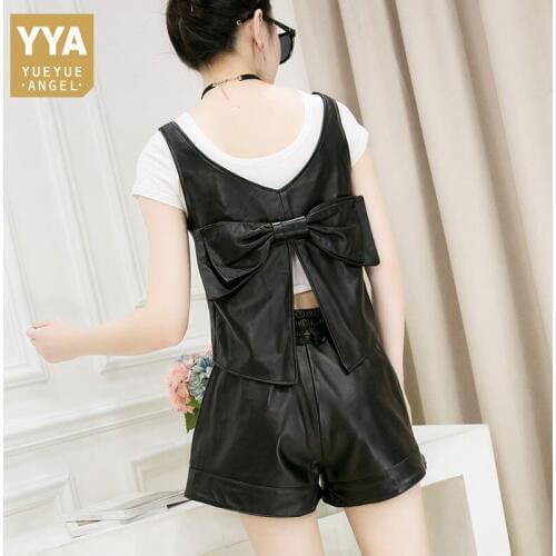 Women Pullover Sheepskin Genuine Leather Jacket Back Bow Split Kawaii Sleeveless Vest Top Short Waistcoat Lady Casual Streetwear