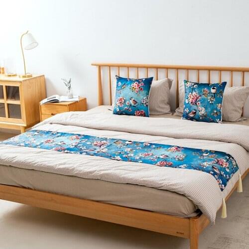 1pc Eco Printed Bed Runner Cotton Linen Bed Cover Decoration Bed Towel Tradtional Chinese Style