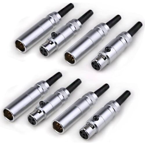 8Pcs/lot Mini XLR 3Pin 4Pin Male Female Plug Wireless MIC Cable Connector Gold Plated Small Plug Jack