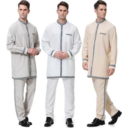 Arabic Muslim Islam Clothing Set Mens Jubba Thobe Tops & Pants Plus Size New Fashion Clothes