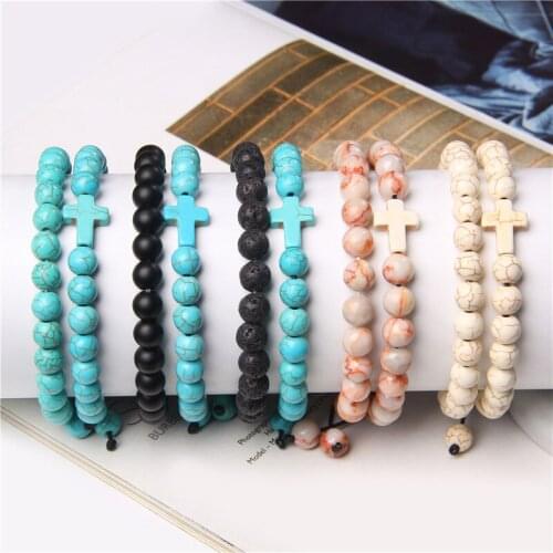 2pcs/set Bead Bracelet Cross Stone Charm Beaded Couple Distance Bracelet Women Men Friend Gift Stretch Women Bracelet wWholesale