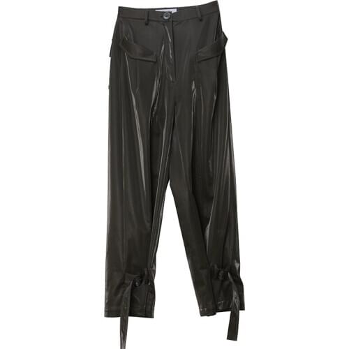 Fashion glossy pure green color fuax sheep leather pants female full length leisure shiny pu leather pant with pockets F2163