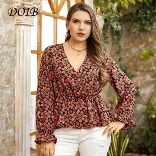 DOIB Plus Size Blouse T Shirt Women Full Sleeve Large Size V Neck Blouse 2021 Spring Autumn Elegent Blouse Shirt L to 4XL