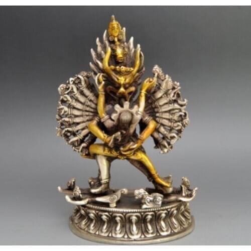 YM 308 Collectible Decorated Old Handwork Tibet Silver Carved Yamantaka Buddha Statue