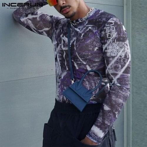 Men T Shirt 2021 Printed Sexy Mesh Transparent Round Neck Long Sleeve Streetwear Tops Party Nightclub Camisetas S-5XL INCERUN