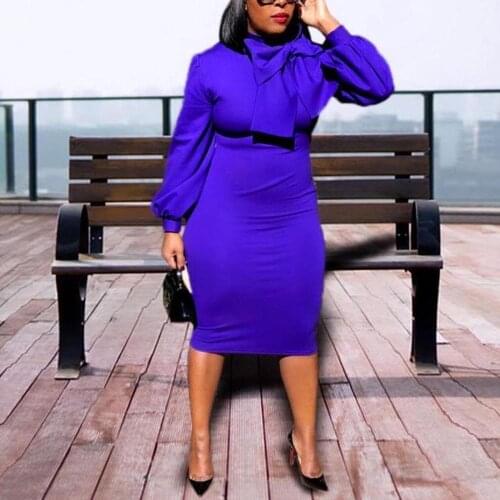 African Clothes For Women Bodycon Full Sleeve High Waist Mid Calf Solid Elegant Work Business Office Midi Dresses Vestidos Mujer