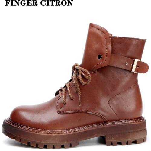 Finger Citron Women Chelsea Anckle Boots Genuine Cow Leather Round Toe Platform Shoes Rubber Outsole By Handmade Size 35-42