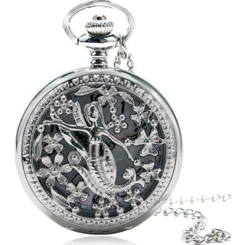 Retro Elegant Cute Mermaid Charm Silver Quartz Pocket Watch Women Pendant With Sweater Necklace Chain