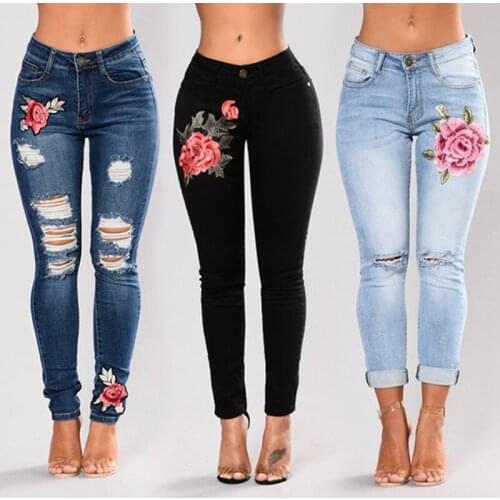S-3XL 3Colors Flower Embroidered Ripped Skinny Jeans Women Casual All Match Outdoor Travel Stretch Denim Pants