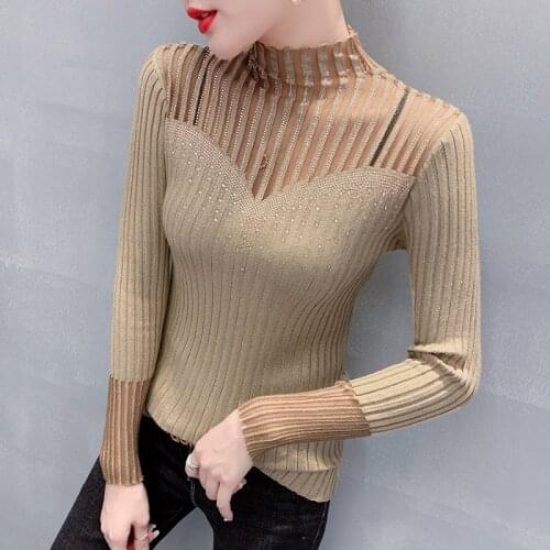 Sexy Hot Drilling Turtleneck Sweater Slim Female Clothing Long-Sleeve Net Yarn Splicing Knitshirt Bright Silk Tops 2021 Spring