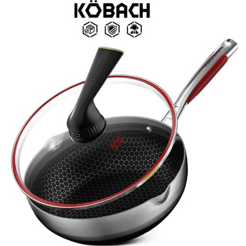 KBH nonstick fry pan 32cm cooking wok stainless steel chinese wok kitchen cookware honeycomb nonstick bottom pan with lid