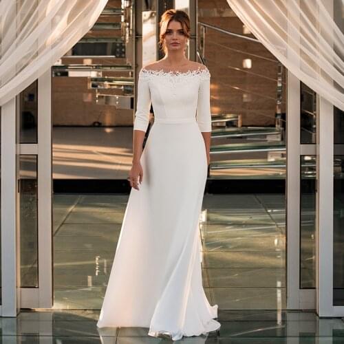 Simple Wedding Dress 2021New Arrival Boat Neck 3/4 Sleeves Beading Appliques A Line Jersey Bridal Gown Robe De Mariee