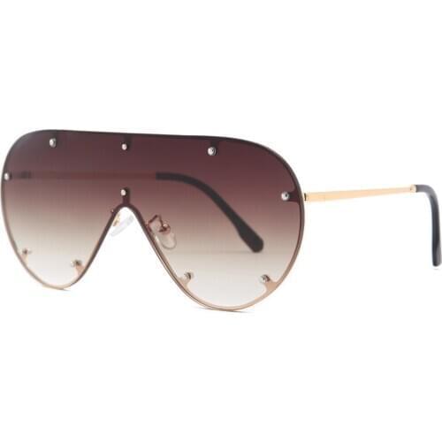 Veshion Rivets Womens Oversized Sunglasses Rimless Man One Piece Male Big Glasses Metal Windproof 2021 Summer Uv400
