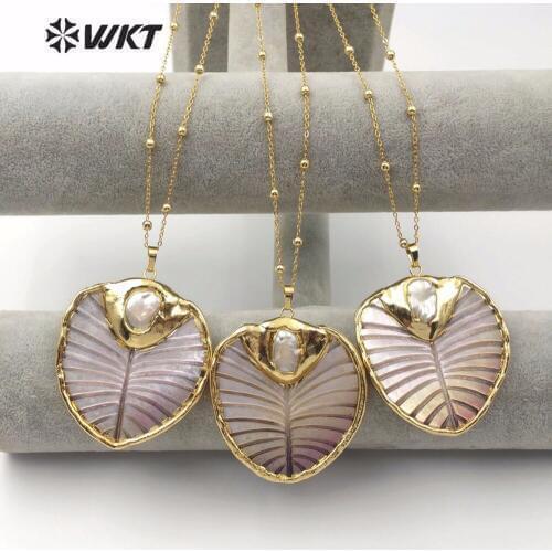 WT-JN060 18''Chain Shell Necklace Natural Shell Hand Carved Plant Leaf Shape With Pearl Ladies Popular Pendant Necklace Jewelry