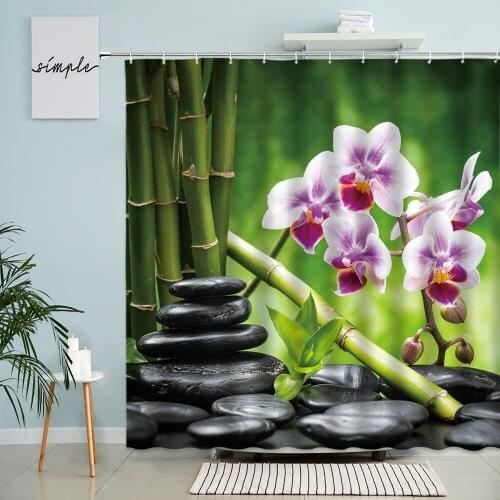 Zen Spa Shower Curtain Bamboo Forest Green Plant Orchid Stone Natural Scenery Bathroom Wall Decor With Hook Waterproof Screen