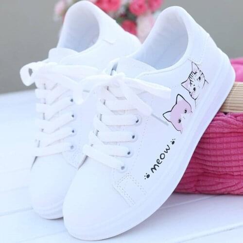 2021 New Arrival Fashion Lace-up Women Sneakers Women Casual Shoes Printed summer Women Pu Shoes Cute Cat Canvas Shoes