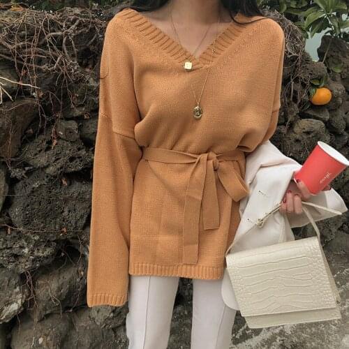 2020 Women Autumn Sexy V Neck Casual Loose Sweater Sashes Slim Waist Full Sleeve Long Knitted Pullover Jumpers