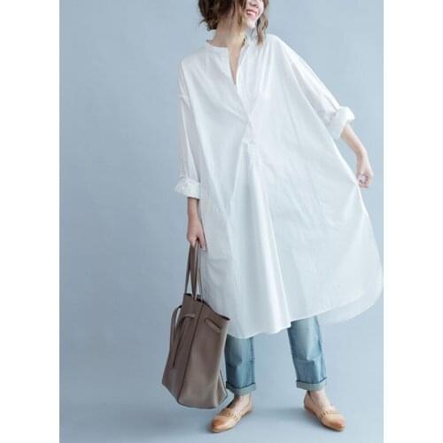 Oversized Women Cotton Casual Shirt Dress New 2021 Spring Arts Style Vintage Stand Collar Loose Female White Long Dresses S3697