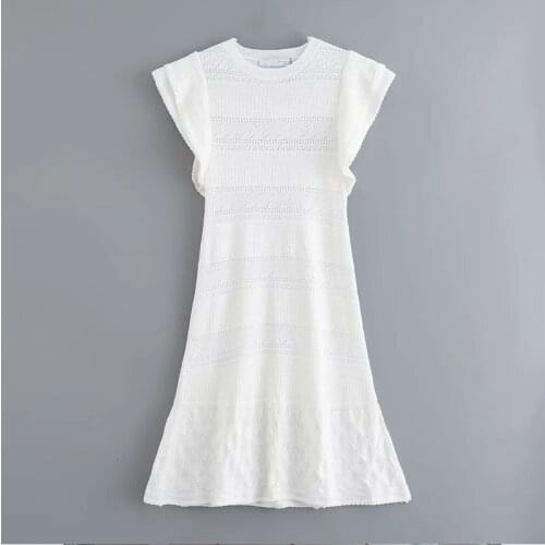 2021 Women Fashion White Hollow Out Knit Dress woman O-Neck Short Sleeve Ladies elegant A-line Laminated Slim Dress