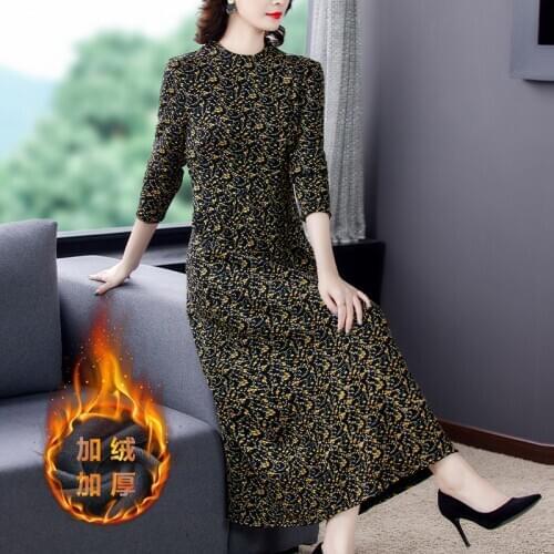 Winter Vintage Knitting Plush Padded Warm Dress Autumn Casual Print 5XL Plus Size Maxi Dress Elegant Women Bodycon Party Vestido