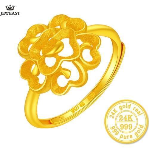 ZZZ 24k Pure Gold Flower Shape Ring for Women Hollowing Process with Resizable Design Retro and Elegant 999Solid Gold Rings