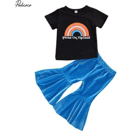 2020 Vintage 1-5Y Summer Kid Baby Girls Clothes Rainbow Print Short Sleeve T Shirts Long Flare Pants 2pcs Toddler Outfits Set