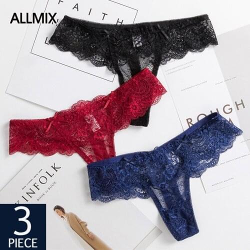 ALLMIX 3Pcs/lot Sexy Women Lace Panties Set Underwear Seamless Hollow Out Thongs T-Back Woman Low Waist G-String Lady Lingerie