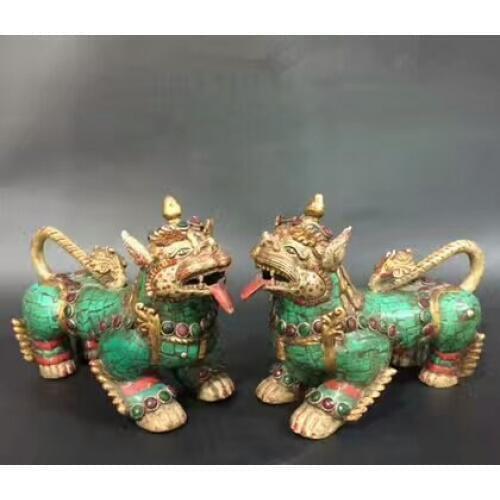 Asian antique Tibetan gilt turquoise Copper Inlaid gemstones Piuxi statue/Tibet old Handwork Beast animals sculpture