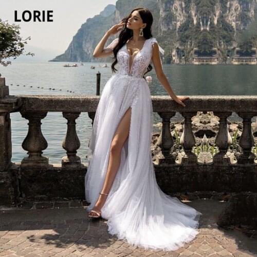 LORIE Sparkly Wedding Dresses Boho V Neck Lace Glitter Wedding Gown Side Split Tulle Bridal Dress 2021 sukienka na wesele