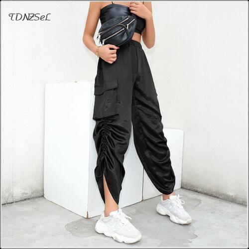 Black Women Hip Hop Loose Harem Pants Big Pockets Elastic Waist Drawstring Wide Leg Cross Pant Summer Casual Streetwear Trousers