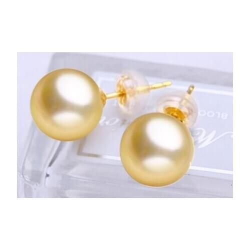 Good>>>>noble jewelry 14k solid yellow gold gorgeous pair of round 10-11mm south sea gold pearl earring