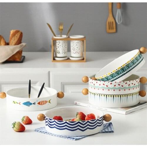 Ceramic Baking Tray with Wooden Handle Household Fruit Dessert Salad Bowl Microwave Cheese Plate Fish Dish Kitchen Tableware