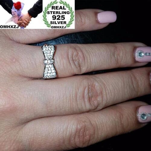 OMHXZJ Wholesale Personality Fashion OL Woman Girl Party Wedding Gift White Bowknot AAA Zircon 925 Sterling Silver Ring RN127